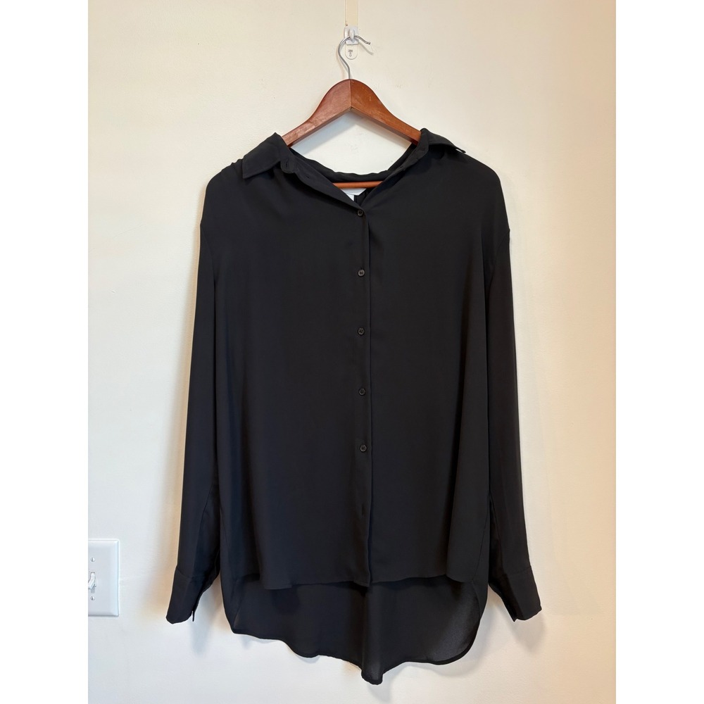 HM Black Long Sleeve Button Down Sheer Blouse High Low Hem Women's M